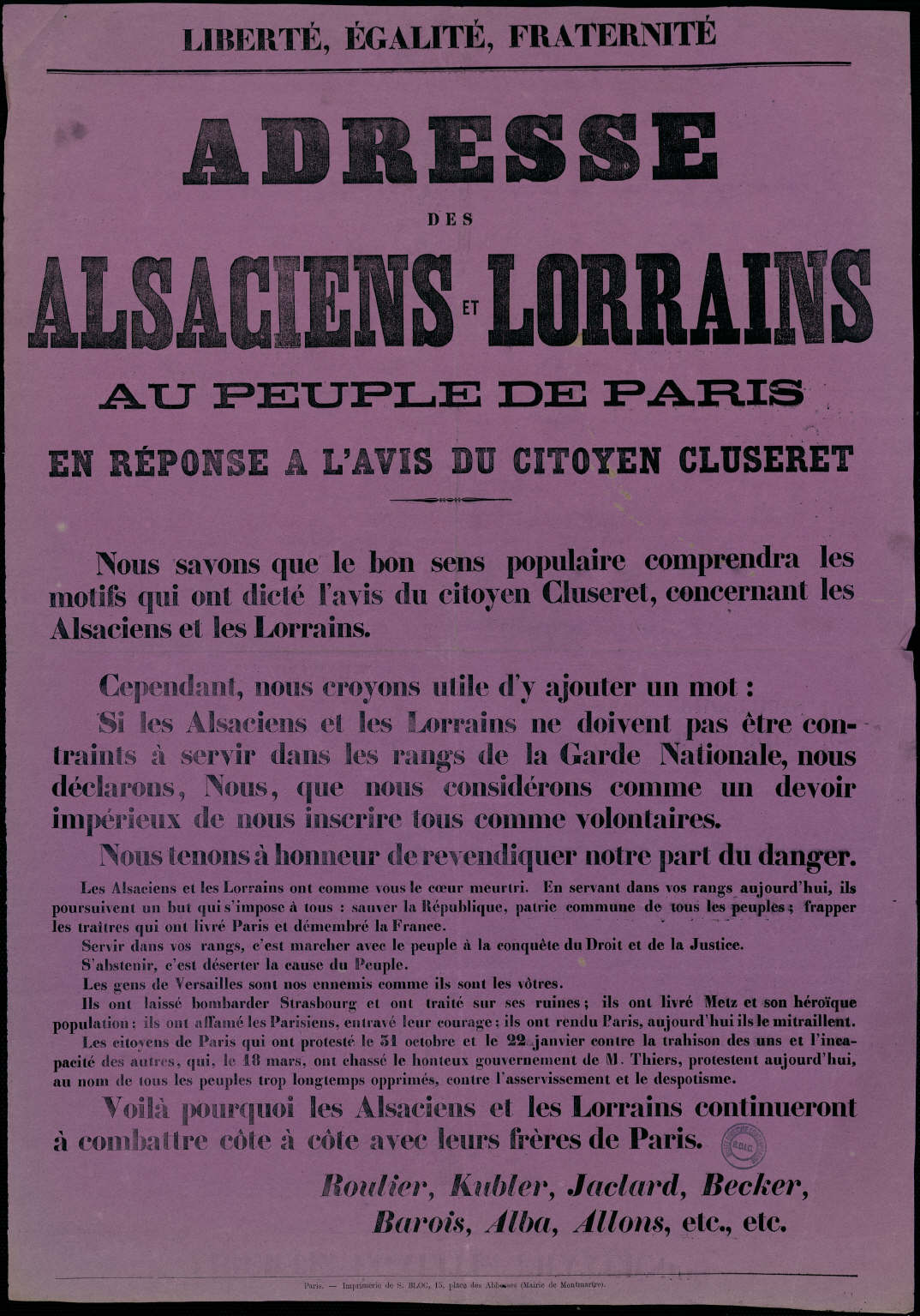 Affiche de la Commune de Paris 1871 - Adresse des Alsaciens-Lorrains aux Peuple de Paris en réponse à Cluseret (source : La Contemporaine – Nanterre / argonnaute.parisnanterre.fr)