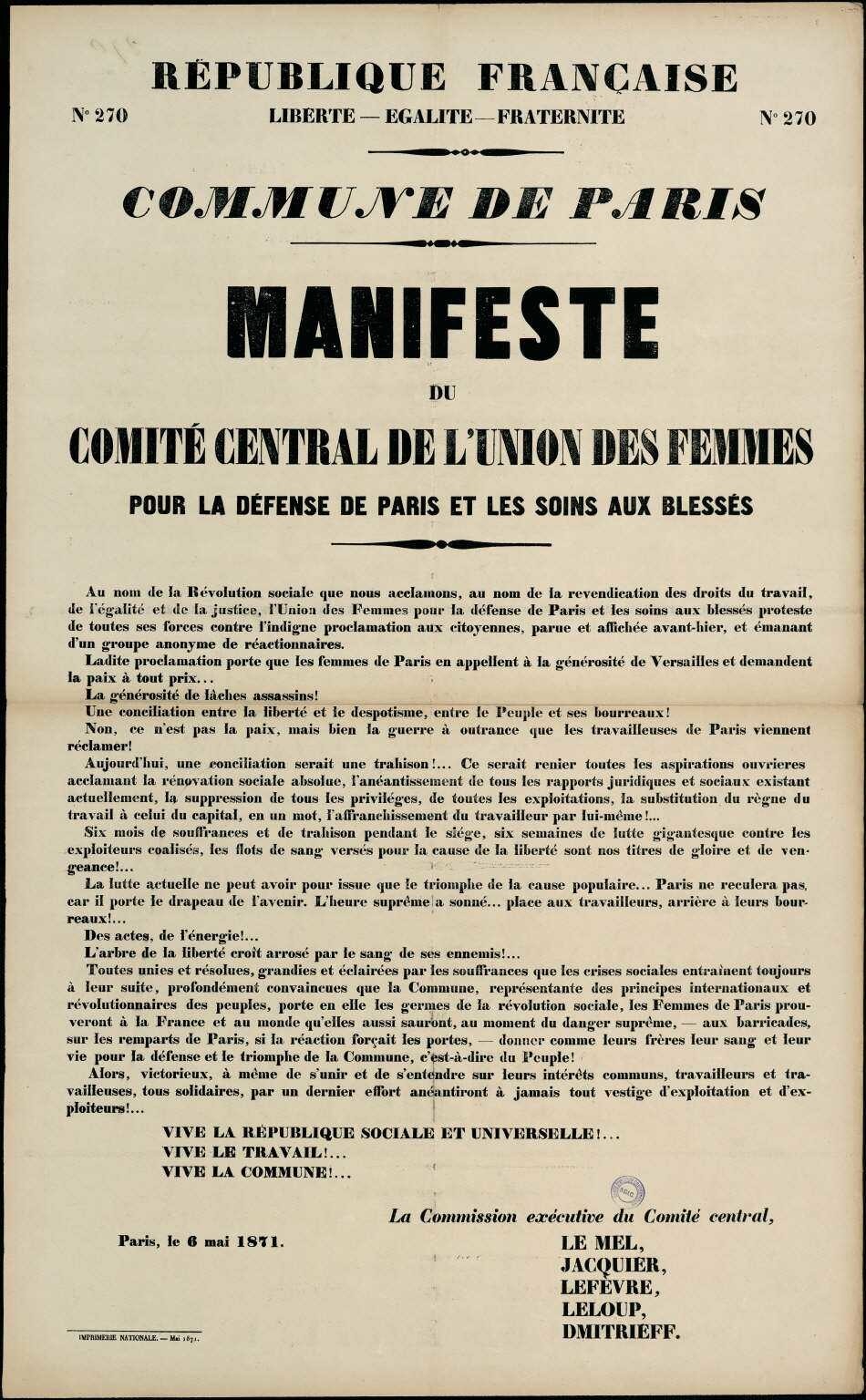Affiche de la Commune de Paris N°270 du 6 mai 1871 - Manifeste du Comité central de l'union des femmes (source : La Contemporaine – Nanterre / argonnaute.parisnanterre.fr)