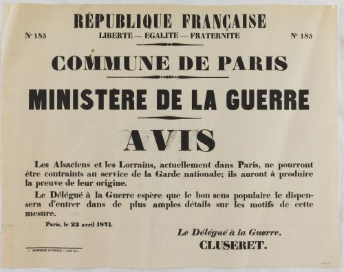 Affiche de la Commune de Paris N° 185 du 22 avril 1871, Avis de Cluseret (source : La Contemporaine – Nanterre / argonnaute.parisnanterre.fr)