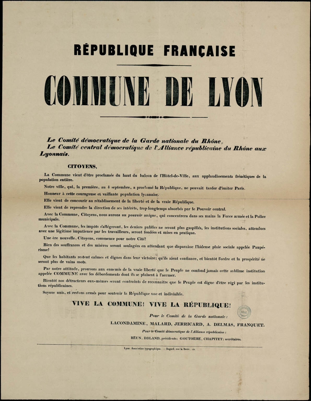 Affiche annonçant la Commune de Lyon 23 mars 1871
