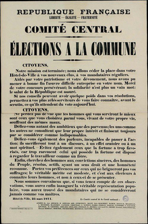 Affiche du 25 mars 1871 : Appel du Comité central de la garde nationale pour les élections de la Commune