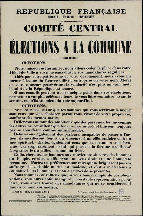 Affiche de la Commune de Paris du 25 mars 1871 - Proclamations du Comité Central de la Commune de Paris pour les élections du 26 mars 1871 (source : La Contemporaine – Nanterre / argonnaute.parisnanterre.fr)