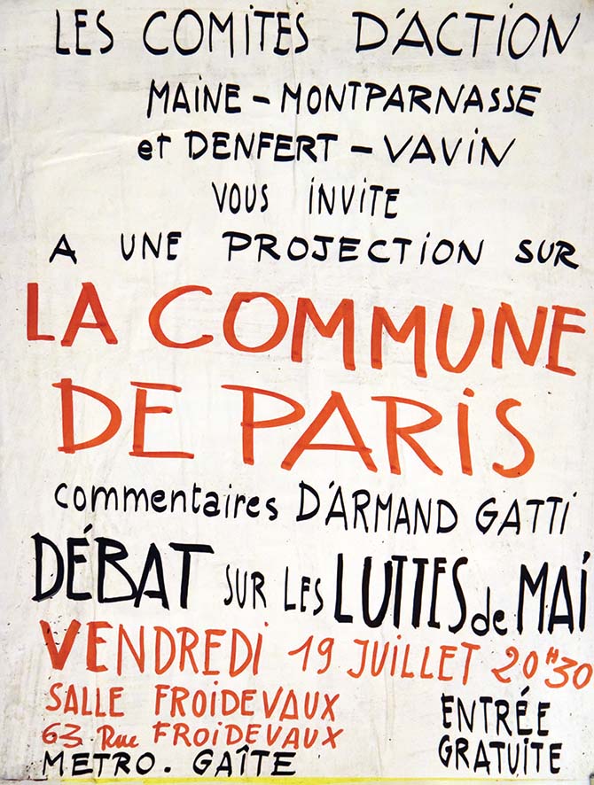 Affiche des Comités d'Action du XIVe annonçant la projection du film "La Commune de Paris", dessin mai 1968