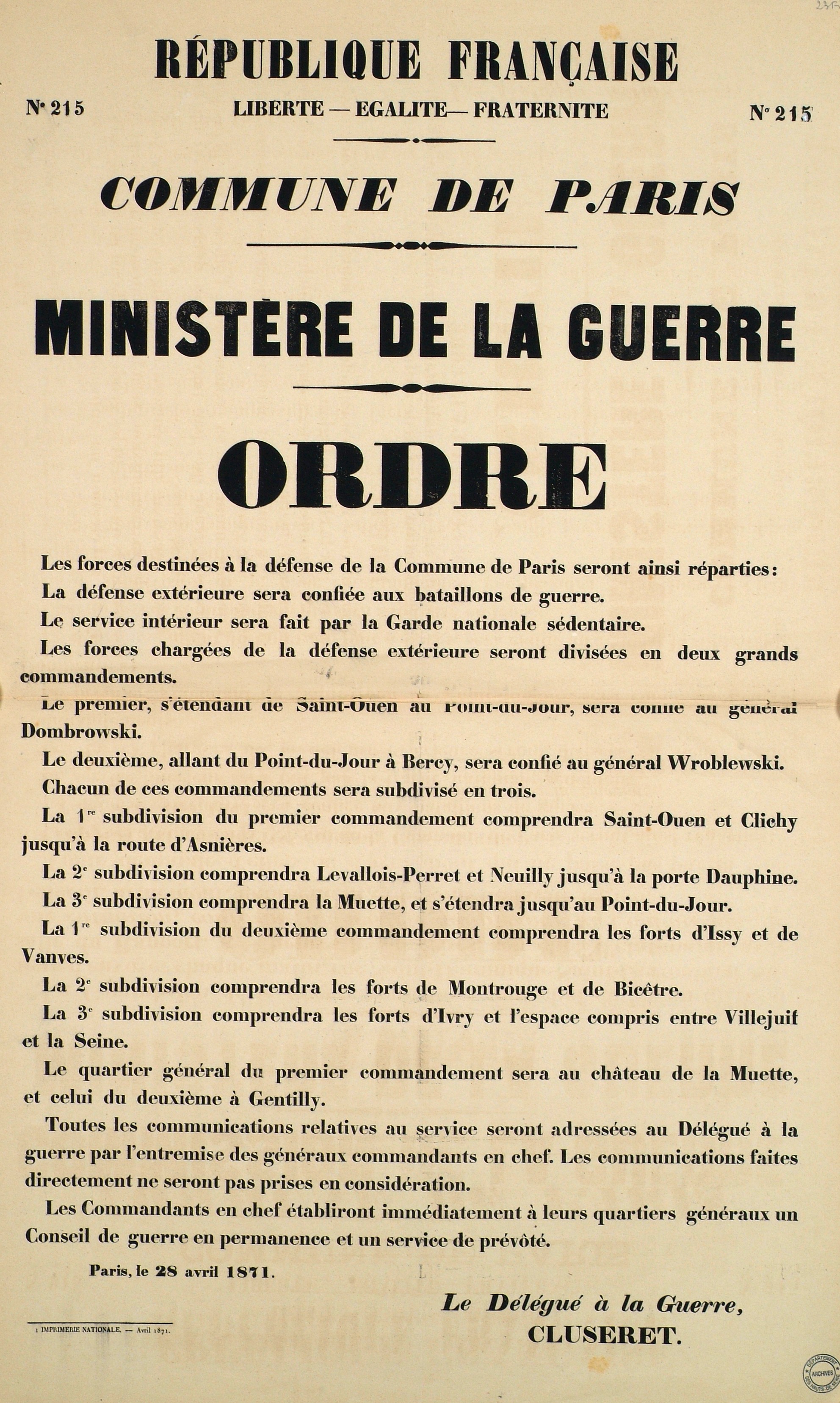 Affiche de la Commune de Paris N°215 du 28 avril 1871 - Ministère de la guerre, Cluseret (source : La Contemporaine – Nanterre / argonnaute.parisnanterre.fr)