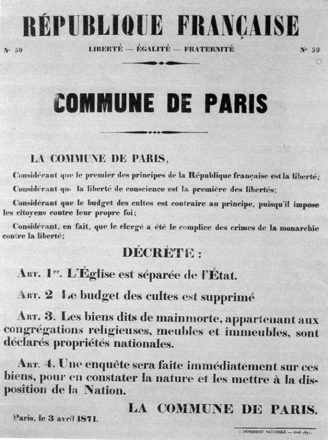 Affiche de la Commune de Paris N° 59 du 3 avril 1871 - Séparation des Églises et de l'État (Source : argonnaute.parisnanterre.fr)