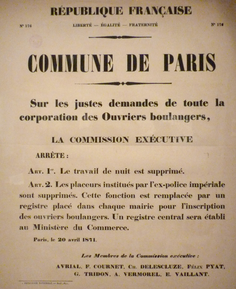Affiche de la Commune de Paris N° 176 du 20 avril 1871 - Suppression du travail de nuit des boulangers (Source : argonnaute.parisnanterre.fr)