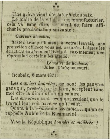 (Aubin et la Ricamarie font référence à deux fusillades ayant eu lieu en 1869 contre des grévistes sans armes et qui firent respectivement 17 et 14 victimes dont 4 jeunes femmes et un bébé)