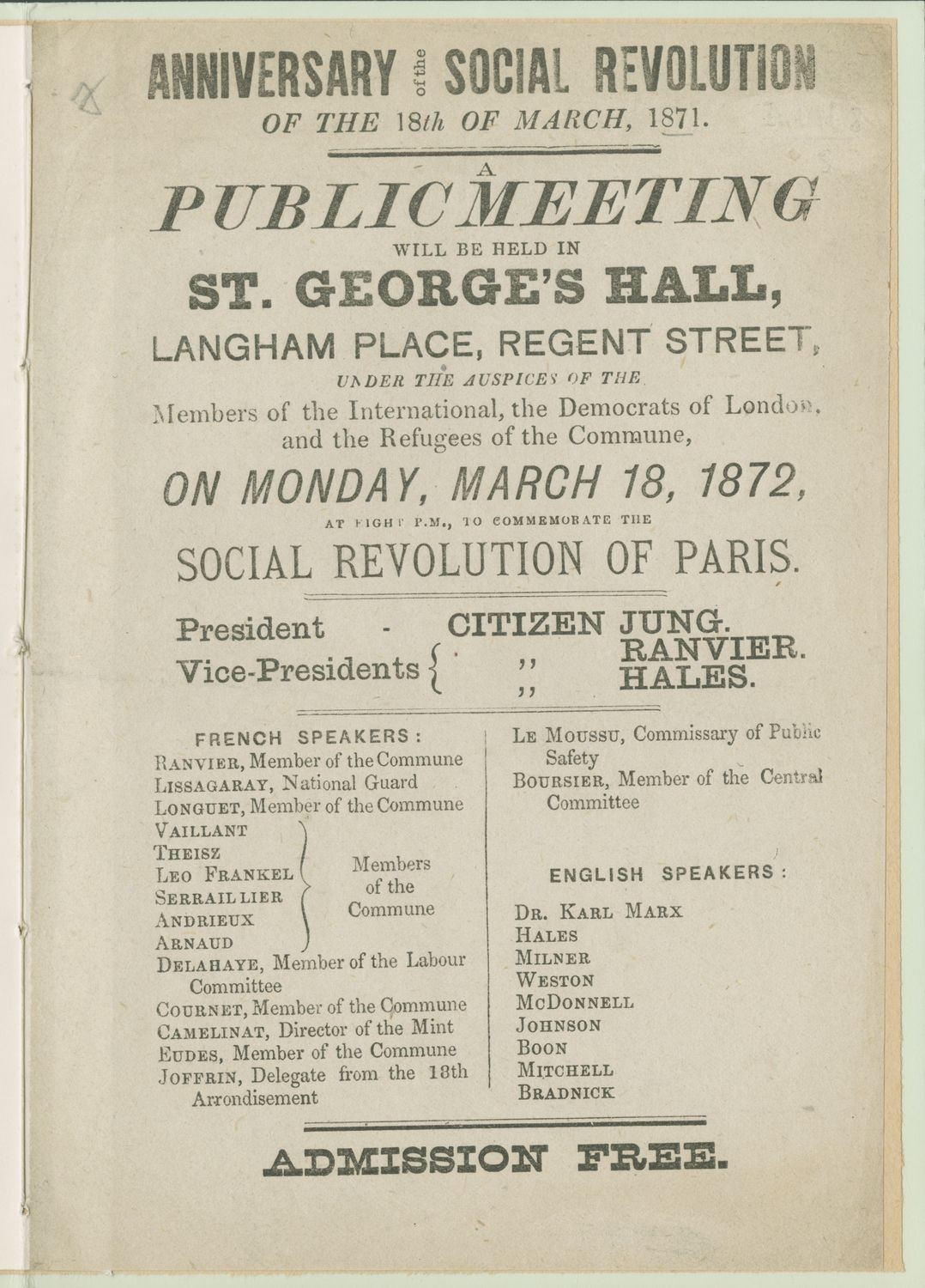Affiche à Londres annonçant un meeting le 18 mars 1872 pour commémorer l'anniversaire de la Commune (Source International Institut of Social History, Amsterdam)