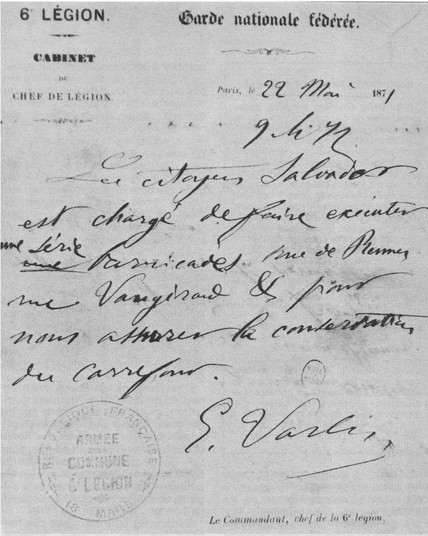 Autographe de Varlin du 22 mai 1871 concernant l’exécution de barricades dans les rues de Rennes et Vaugirard (Paris VIe)