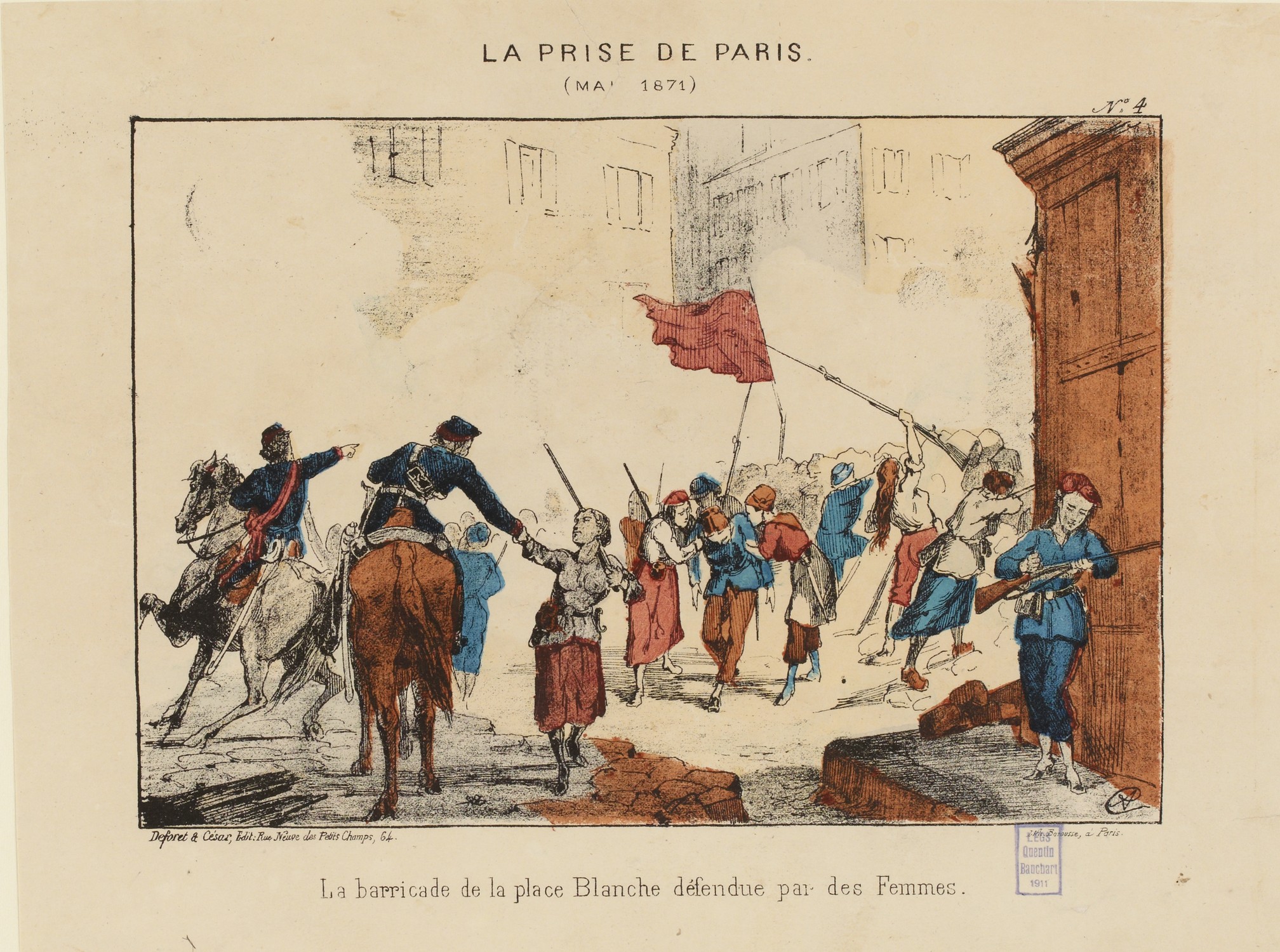 La barricade de la place blanche défendue par des femmes - Estampe en couleurs (© Source : Musée Carnavalet - Histoire de Paris)