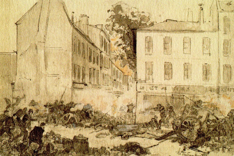 28 mai 1871 à 14 h, prise de la dernière barricade angle des rues Tourtille et Ramponneau (D'après un croquis original de Robida)