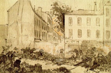 Derniers combats rue Ramponeau - Dessin de Robida (En bas à gauche de l'image : "La dernière barricade rue de Tourtille le dimanche 28 à 2 h"