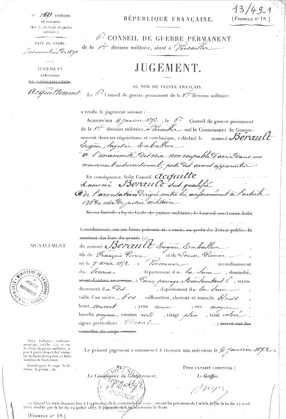Document du 6ème Conseil de guerre - jugement d’acquittement d’Eugène Berault daté du 4 janvier 1872.