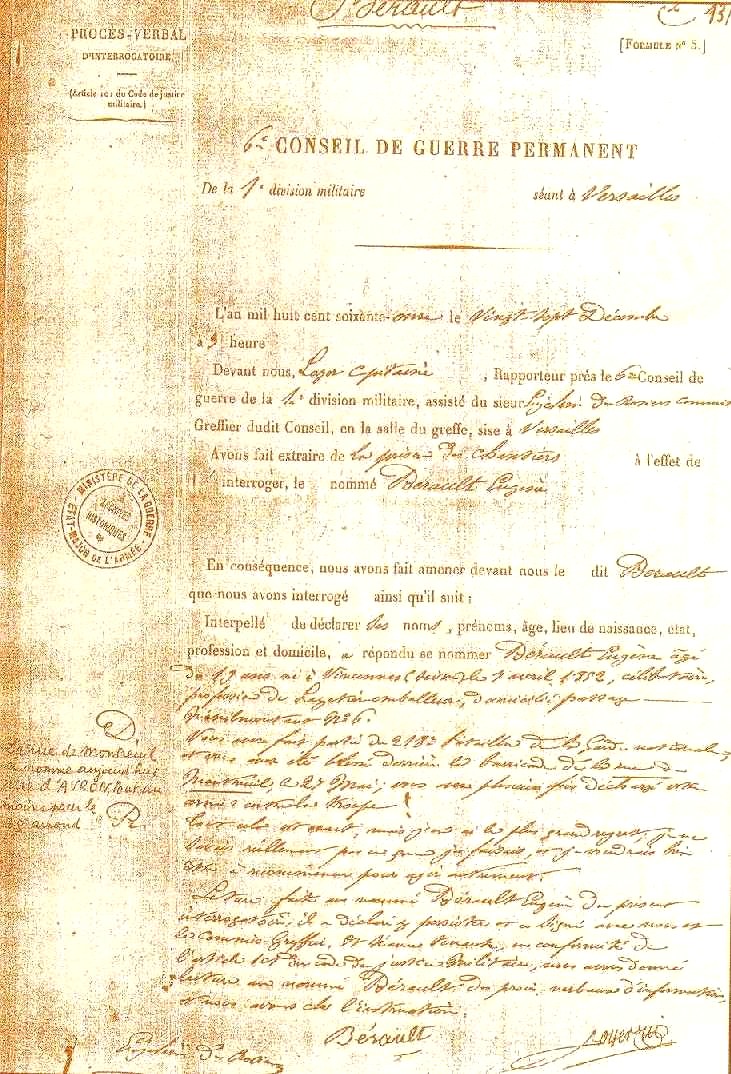 Document du 6ème Conseil de guerre – Procès-verbal d’interrogatoire d’Eugène Berault daté du 27 décembre 1871.