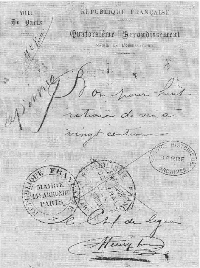 Bon de réquisition signé Lucien Henry (source Gavroche n° 114 novembre-decembre 2000)