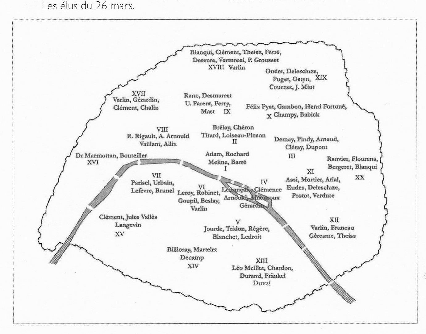 Carte de Paris avec les élus du 26 mars 1871