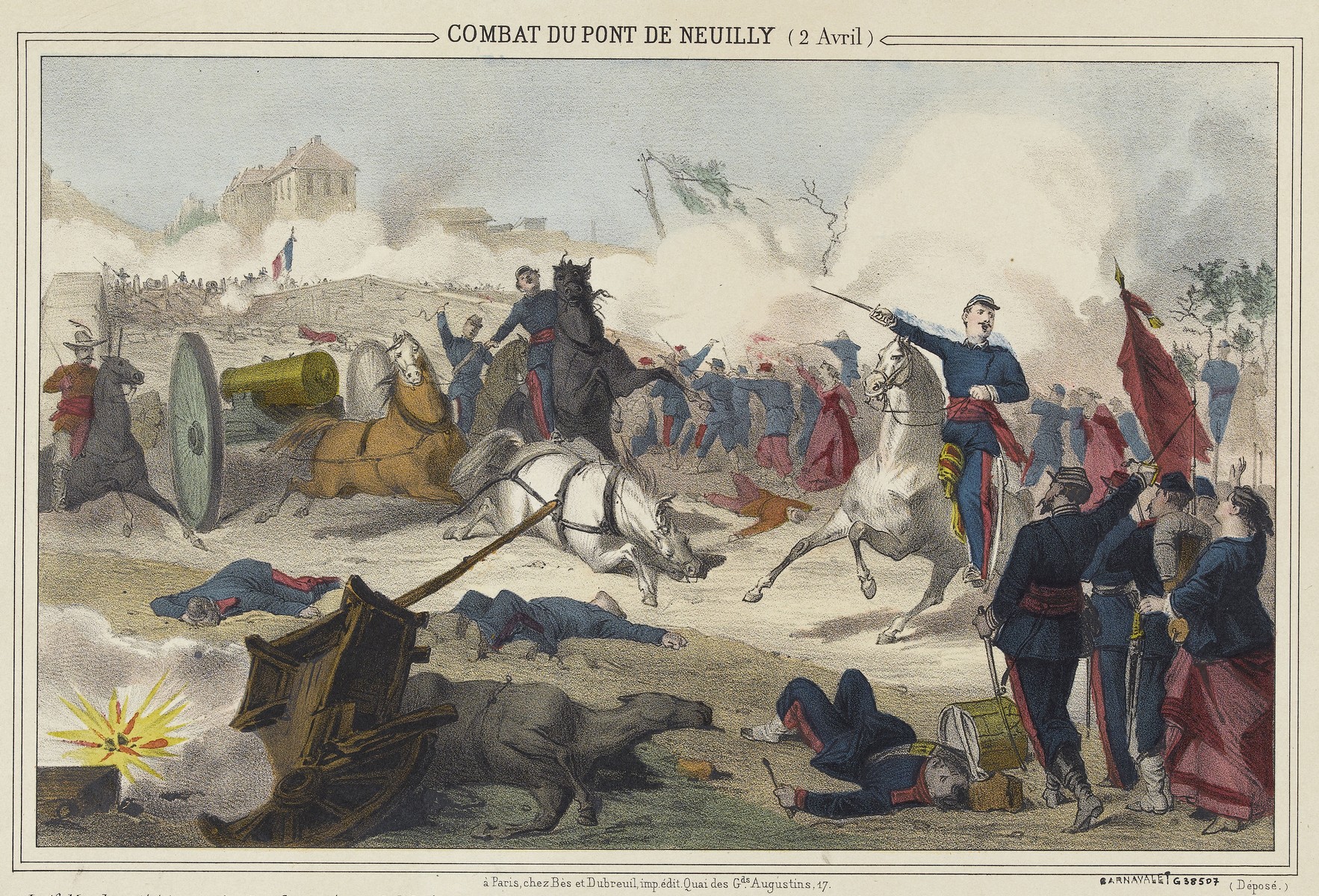 Combat du pont de Neuilly (2 avril)  - Lithographie coloriée (Musée Carnavalet, Histoire de Paris)