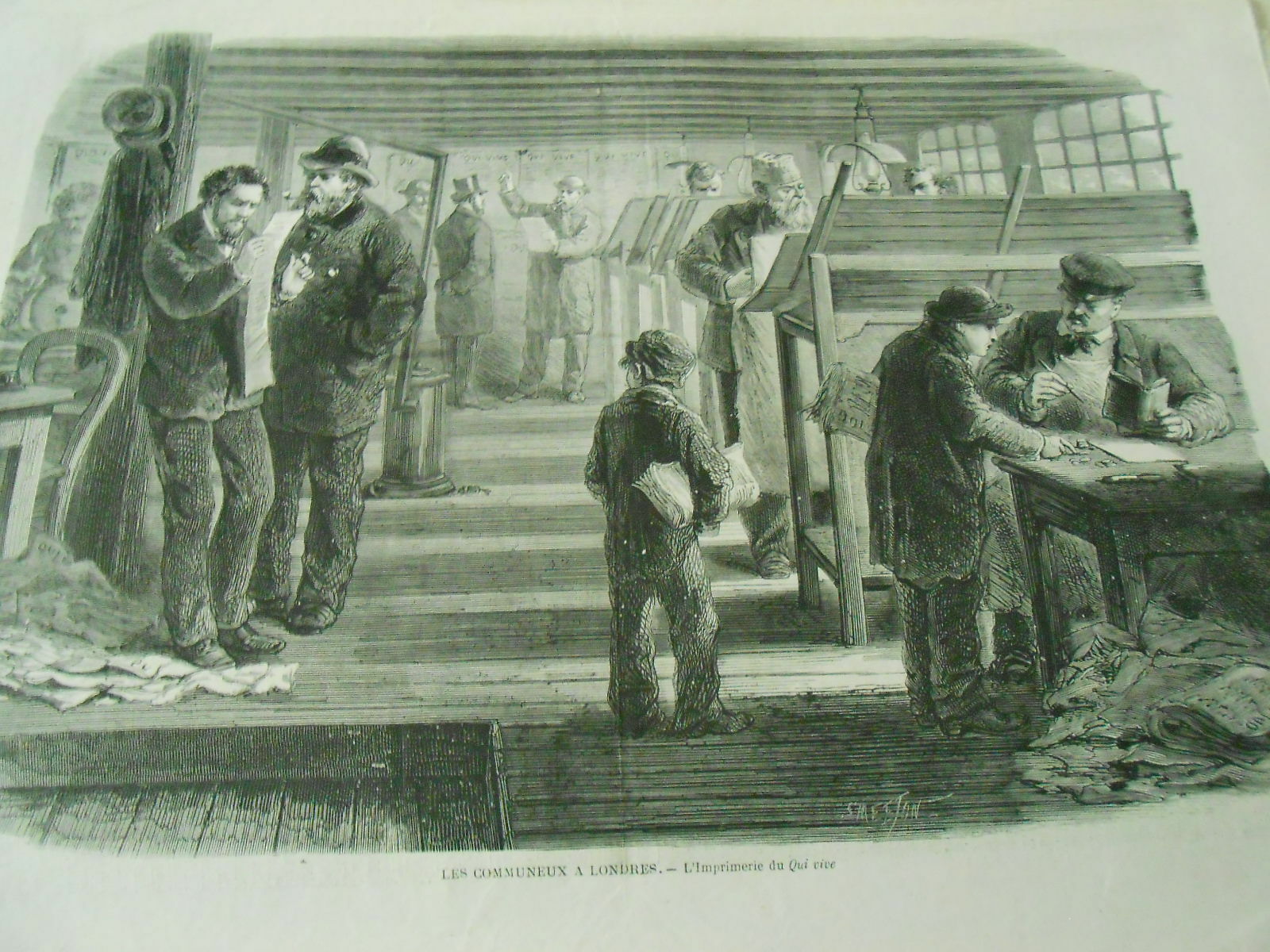 Gravure de 1871 : Les communeux à Londres. - L'imprimerie du "Qui vive", fondé par Vermersch