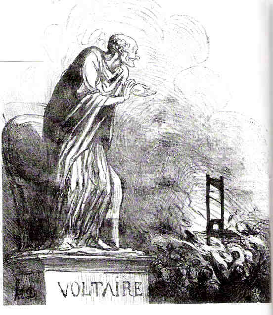 Le défenseur de Calas (Voltaire) consolé de n’avoir pu défendre Bailly, André Chénier, Camille Desmoulins lithographie d’Honoré Daumier