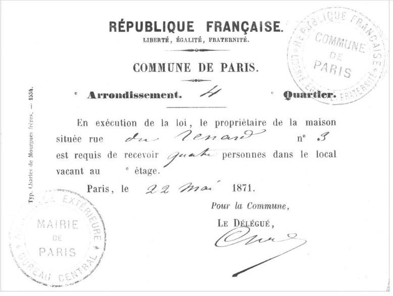 Commune de Paris 1871 : Décret· sur la réquisition des logements vacants