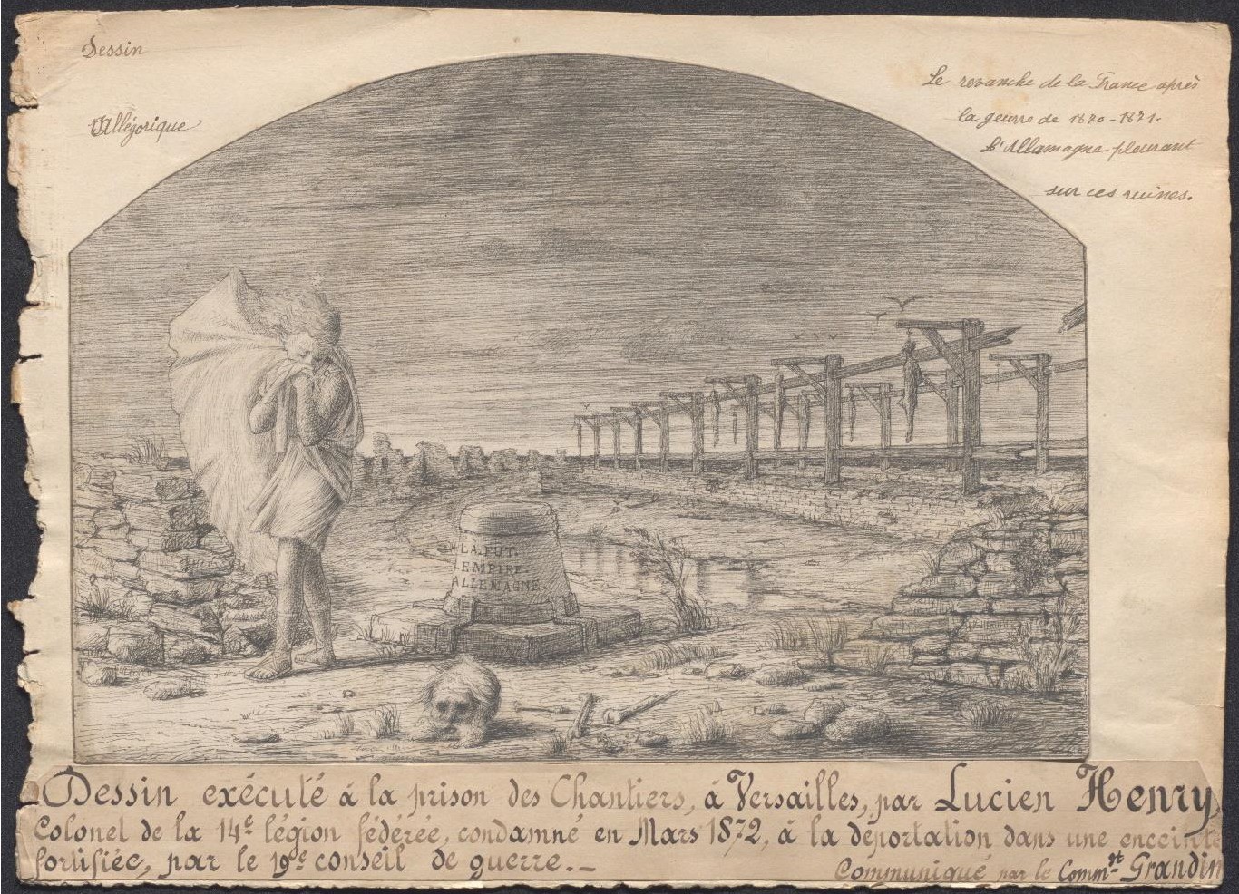 Lucien Henry - "La revanche de la France après la guerre de 1870-1871. L’Allemagne pleurant sur ces ruines" - Dessin, encre sur papier, 31 x 22 cm, signé en bas à droite L.H. 1871 Collection P.Fonteneau