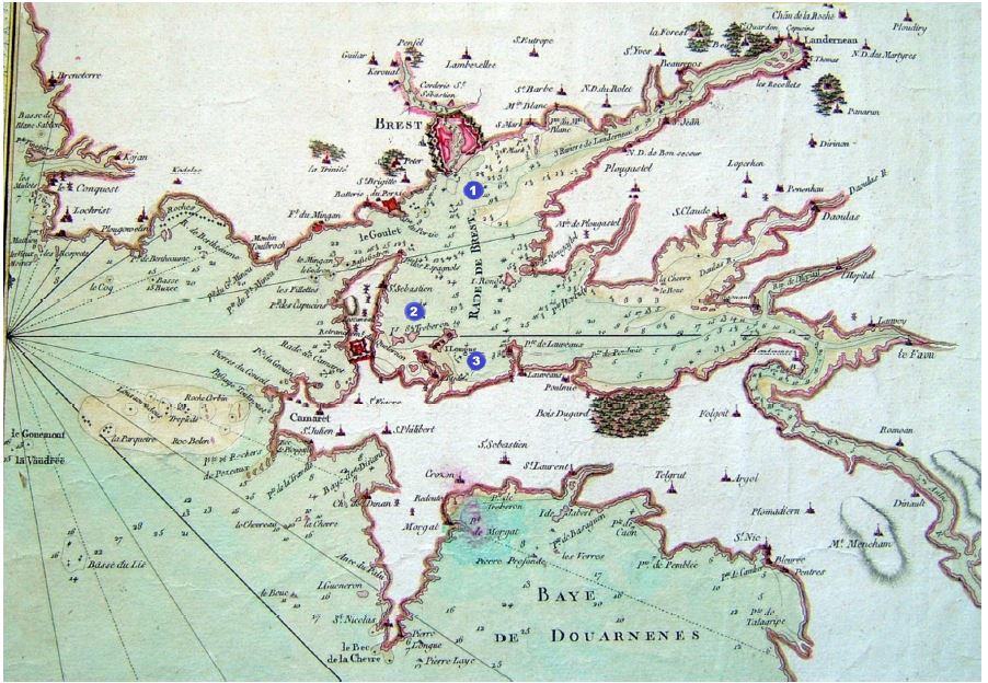 Douze bateaux dans la rade de Brest répartis en trois groupes. 1. Rade de Brest : Aube - Fontenoy - Hermione – Marne  2. Baie de Trébéron : Austerlitz - Napoléon - Ville-de-Bordeaux – Yonne  3. Baie du Fret : Breslaw - Duguay-Trouin - Tilsitt – Ville-de-Lyon