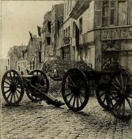 Canons de Belleville et drapeaux noirs aux fenêtres. Dessin d'Adolphe-Martial Potemont dit AP Martial ("Paris pendant le siège", éditions entente, 1982)