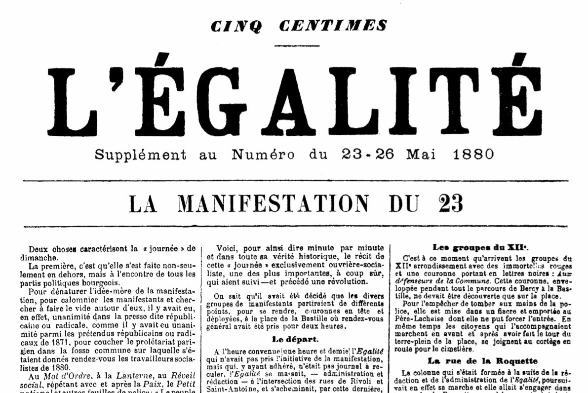 L'Égalité : journal républicain socialiste - Direction  Jules Guesde - supplément au  numéro 23-26-mai 1880 (Source blog de Michele Audin : <a href=