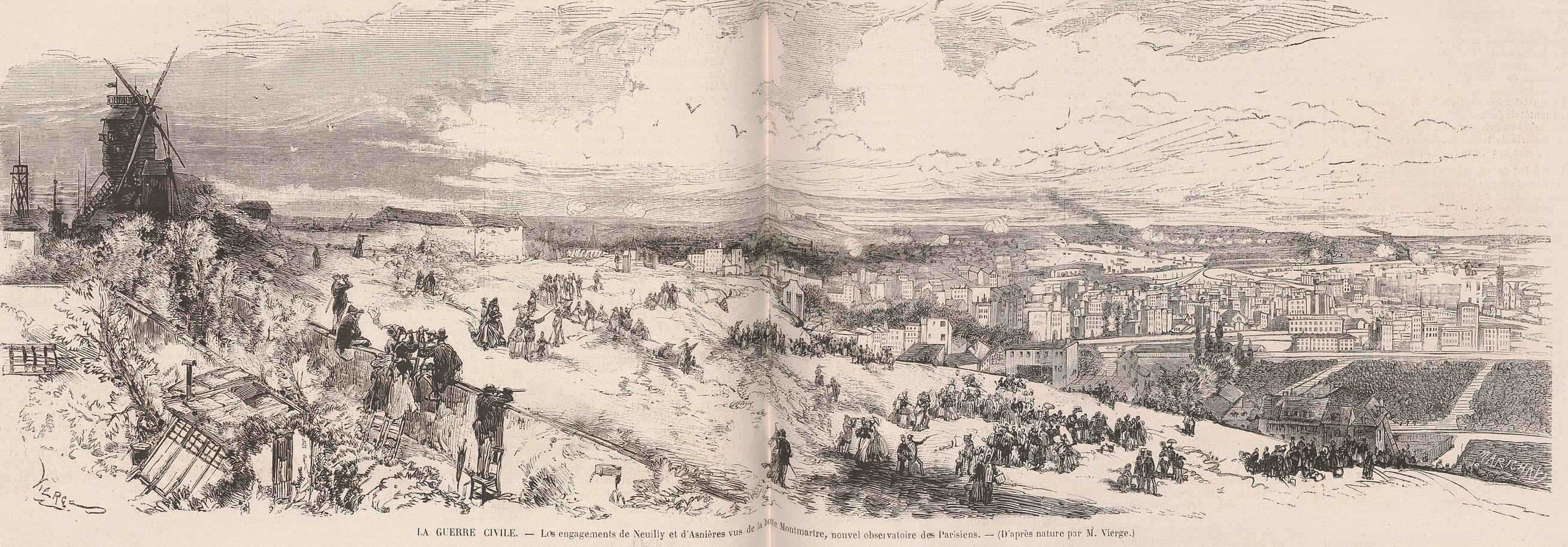 Les engagements de Neuilly et d'Asnières vus de la butte Montmartre, nouvel observatoire des Parisiens (source : Le monde illustré du 22 avril 1871)