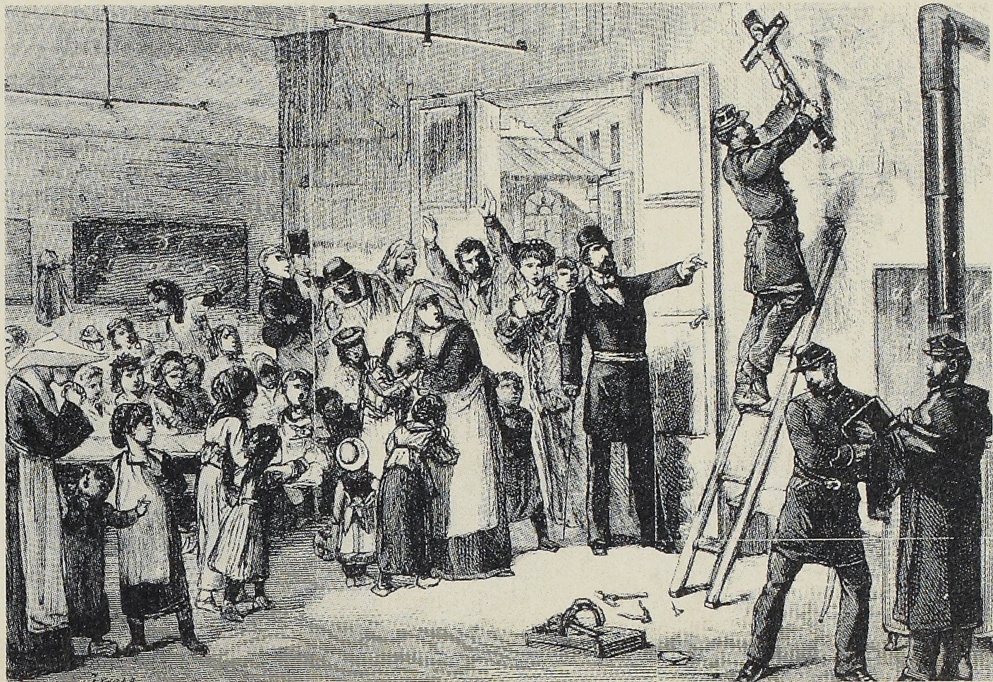 Sous la Commune, école laïque L'enlèvement des crucifix dans les écoles de la ville de Paris - La Presse Illustrée du 20 février 1881 (source : © Musée Carnavalet – Histoire de Paris)