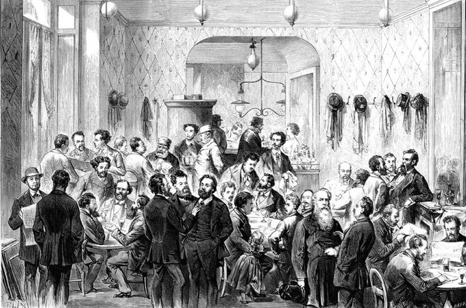 Le café du Levant, à Genève, l’un des lieux de réunion des réfugiés de la Commune de Paris et de la Commune de Lyon – (D’après le croquis de notre correspondant spécial). Les exilés communards dans les cafés de Genève