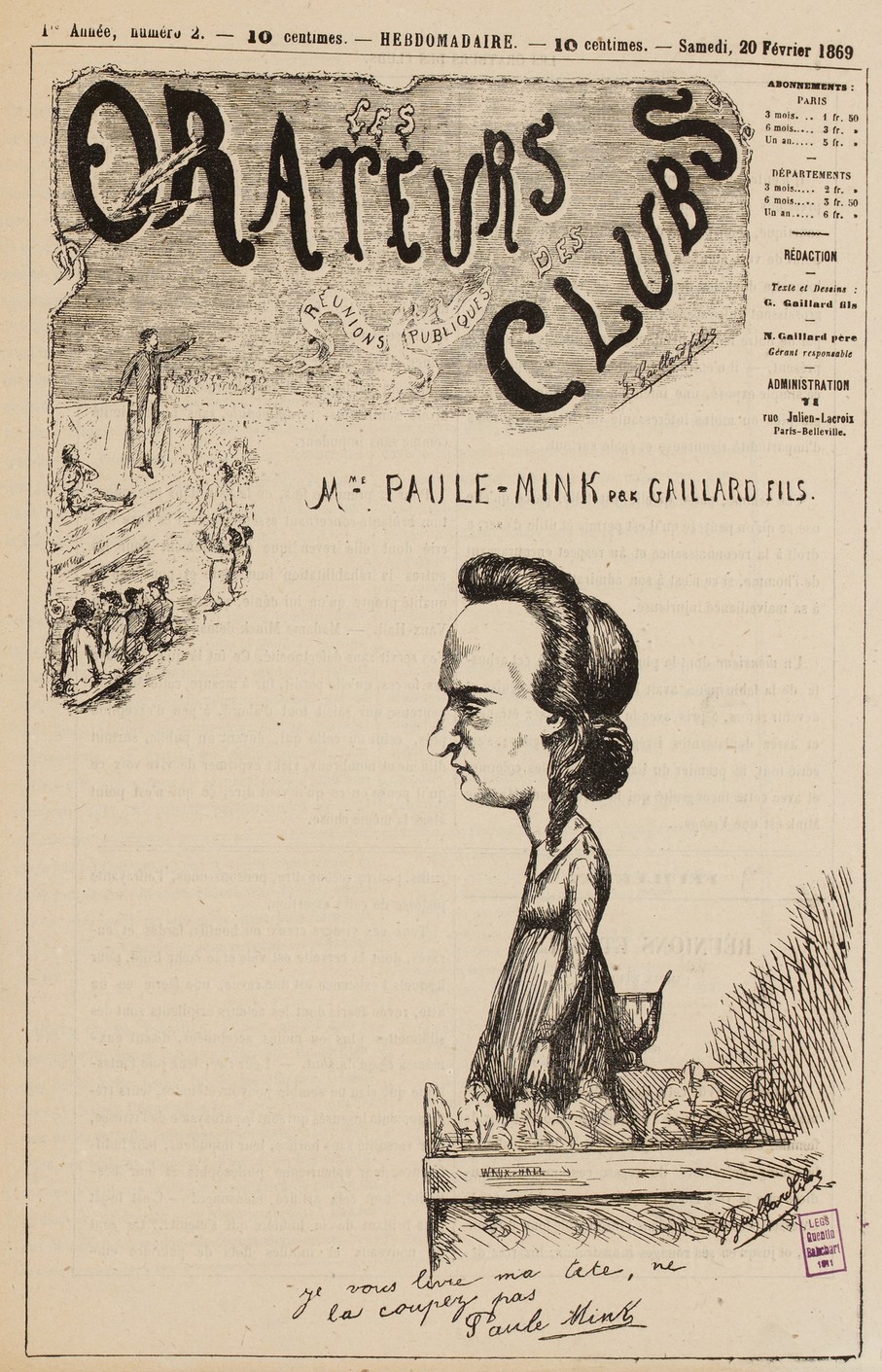 Les orateurs des clubs/1ère année, numéro 2, Samedi 20 Février 1869/Mme Paul-Mink par Gaillard Fils (Dessinateur-lithographe) - (CC0 Paris Musées / Musée Carnavalet - Histoire de Paris)