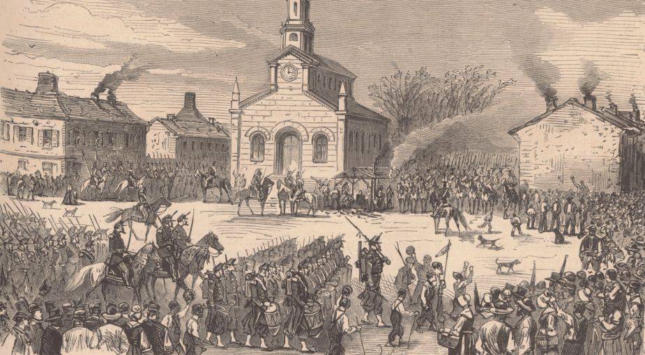 Une du Monde Illustré, 29 janvier 1870, montrant les troupes de Napoléon III envoyées au Creusot afin d'intimider les ouvriers en grève - source : Gallica-BnF