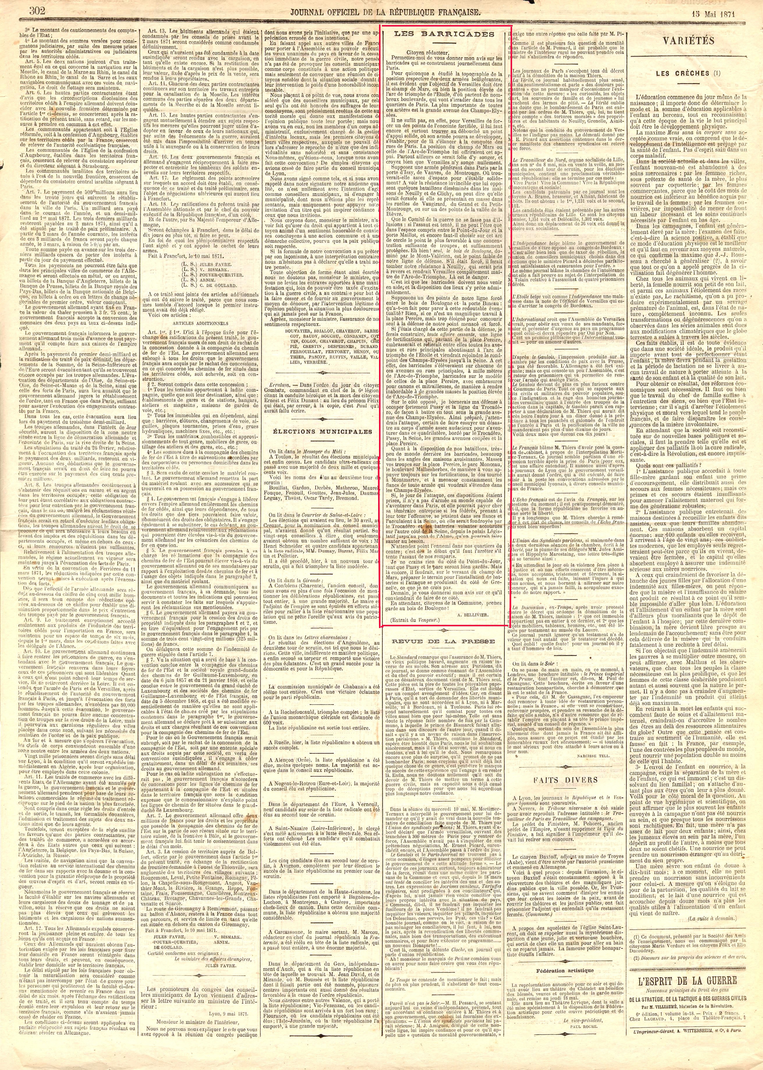 Journal Officiel de la Commune  - Édition du matin 15 mai 1871 (source : La presse communarde - archivesautonomies.org)