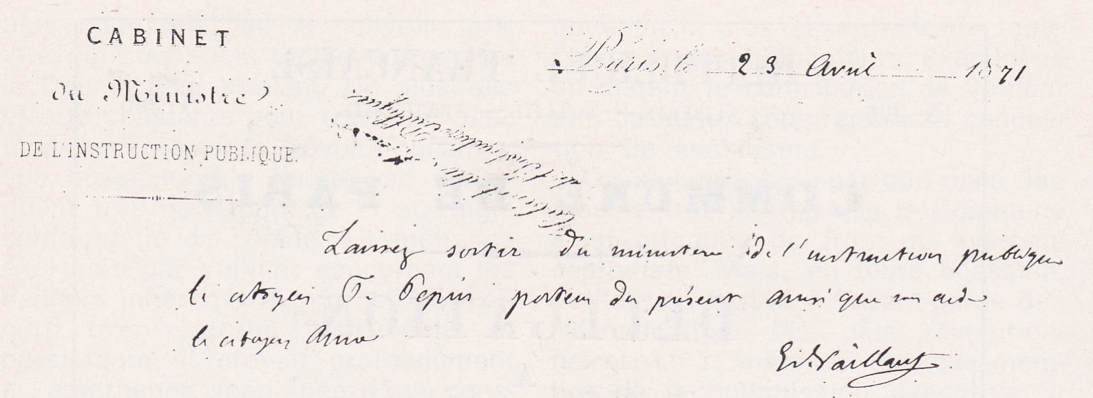 Lettre signée de Vaillant du 23 avril 1871