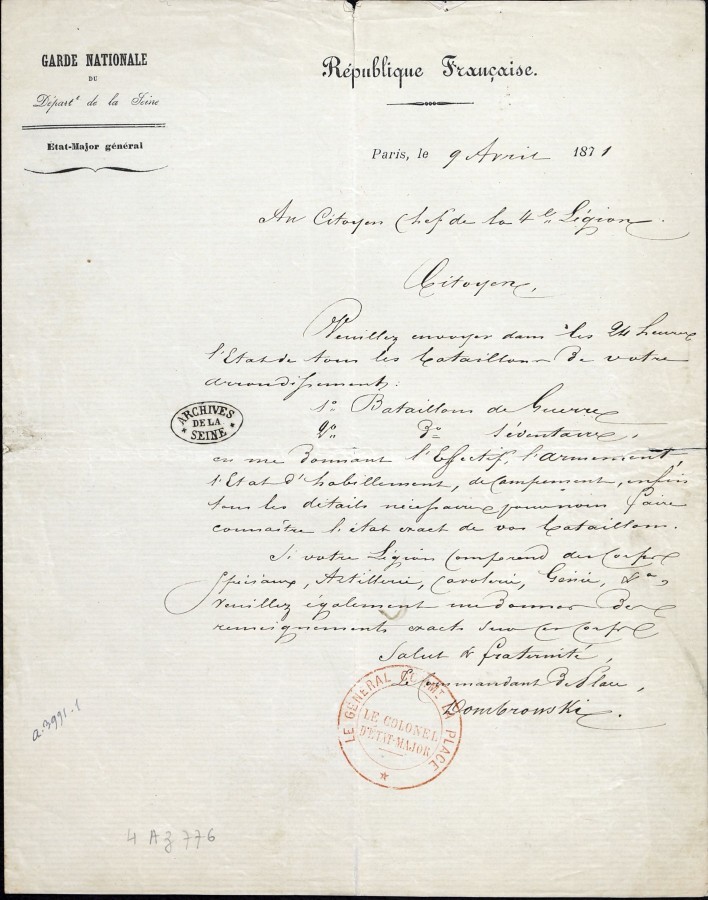 Lettre de Jaroslaw Dombrowski au chef de la 4e légion de la garde nationale de Paris, 9 avril 1871. (Archives de Paris, 4AZ 16, dossier 776.)