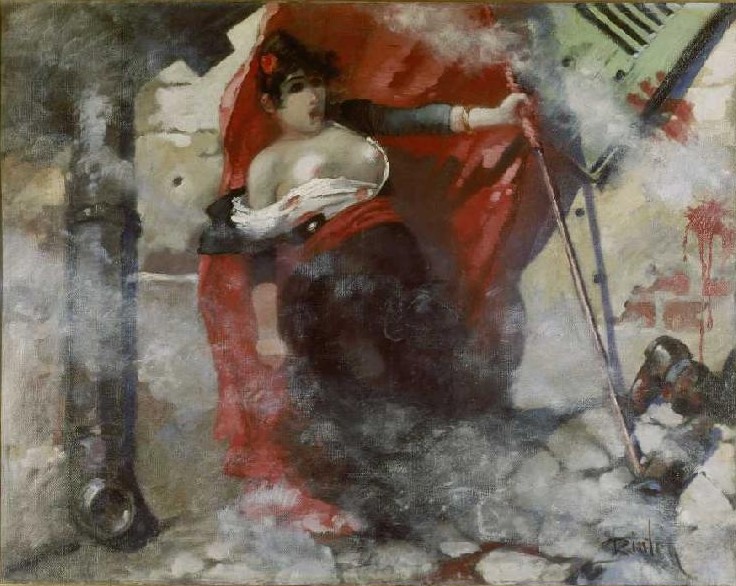 Louise Michel sur les barricades (1885) - œuvre de Steinlein (Exposition "Vive la République 1792-1992" aux Archives Nationales)