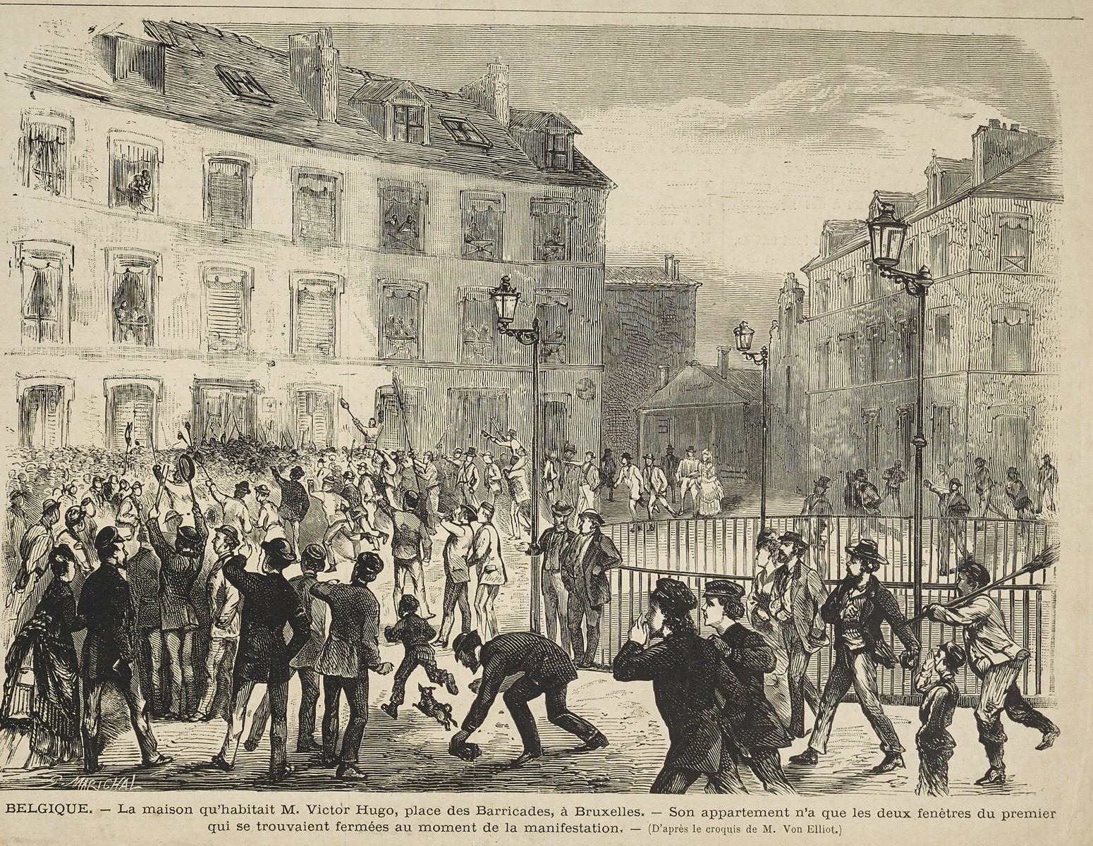 Belgique. - La maison qu'habitait M. Victor Hugo, place des Barricades, à Bruxelles. - Son appartement n'a que les deux fenêtres du remier qui se trouvaient fermées au moment de la manifestation.  Marichal, Gaston , Graveur Von Elliot, Nicholas Léo , Auteur du modèle - Le Monde illustré , Editeur, 1871