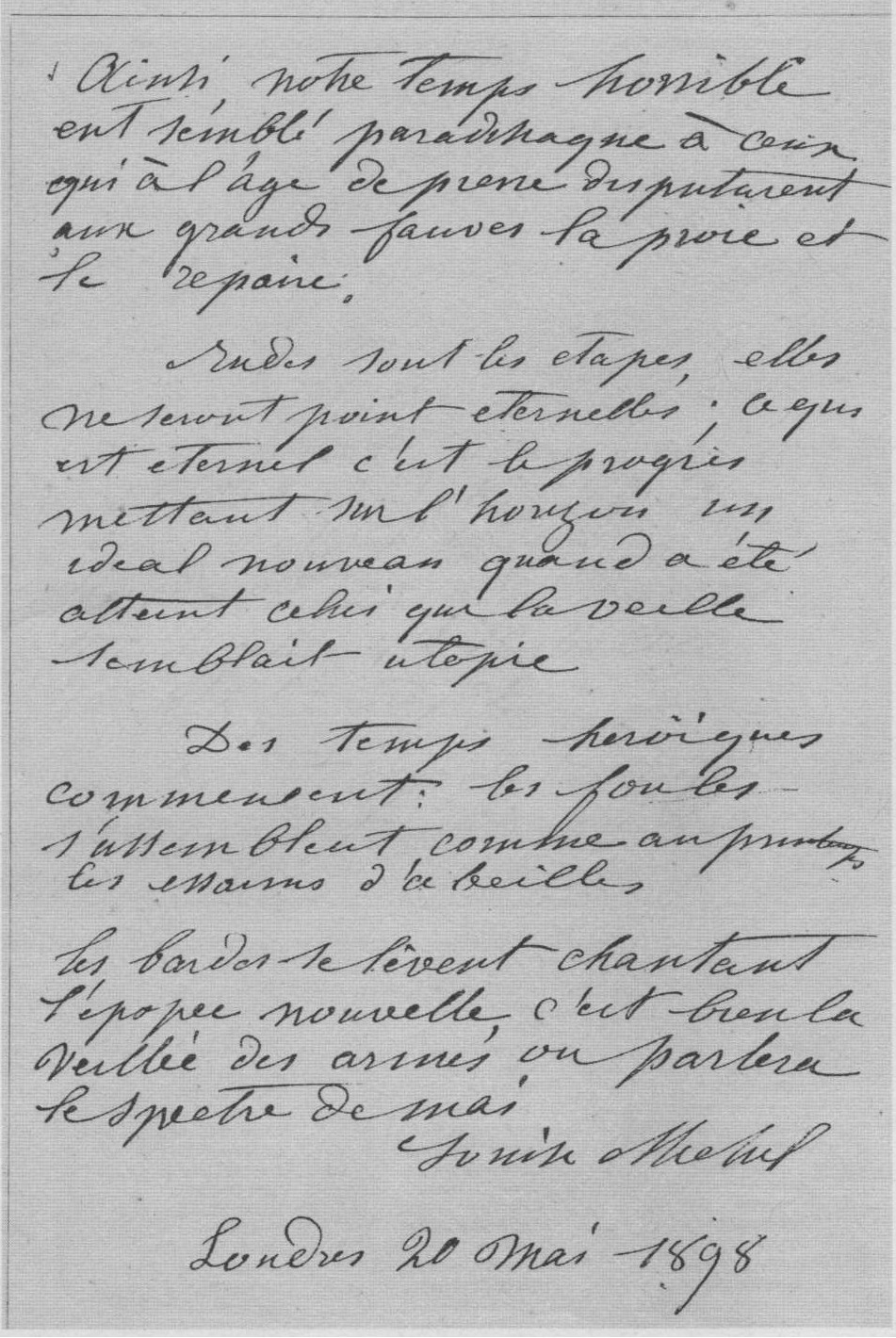 Manuscrit de Louise Michel, Londres 20 mai 1898 (source : Gavroche N° 141-142)