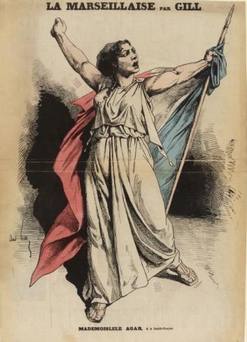 La Marseillaise chantée par Mademoiselle Agar - Dessin de Gill, gravure couleur   (source : © Musée Carnavalet – Histoire de Paris)