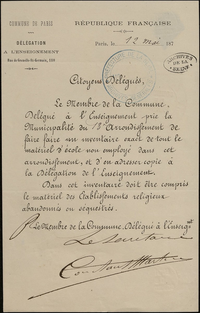 Note de la commission de l'Enseignement aux délégués communaux du 13e arrondissement, 12 mai 1871. Archives de Paris, VD3 14.