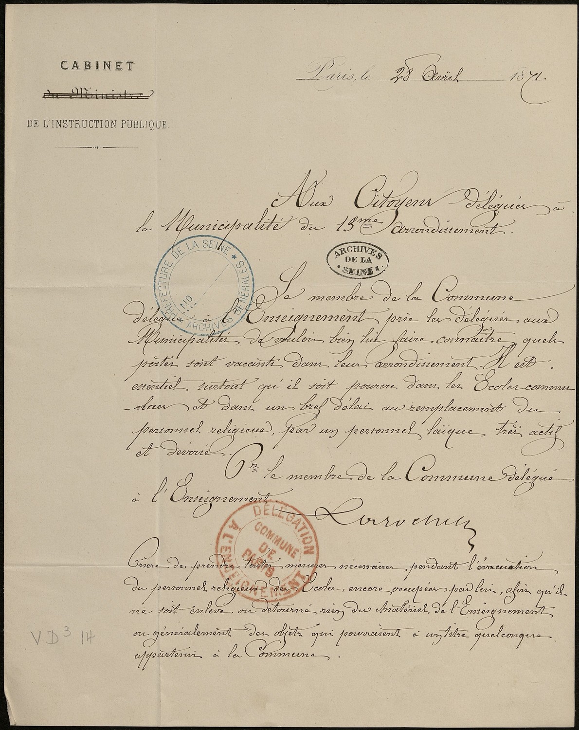 Note de la commission de l’Enseignement aux délégués communaux du 13e arrondissement, 28 avril 1871. Archives de Paris, VD3 14.