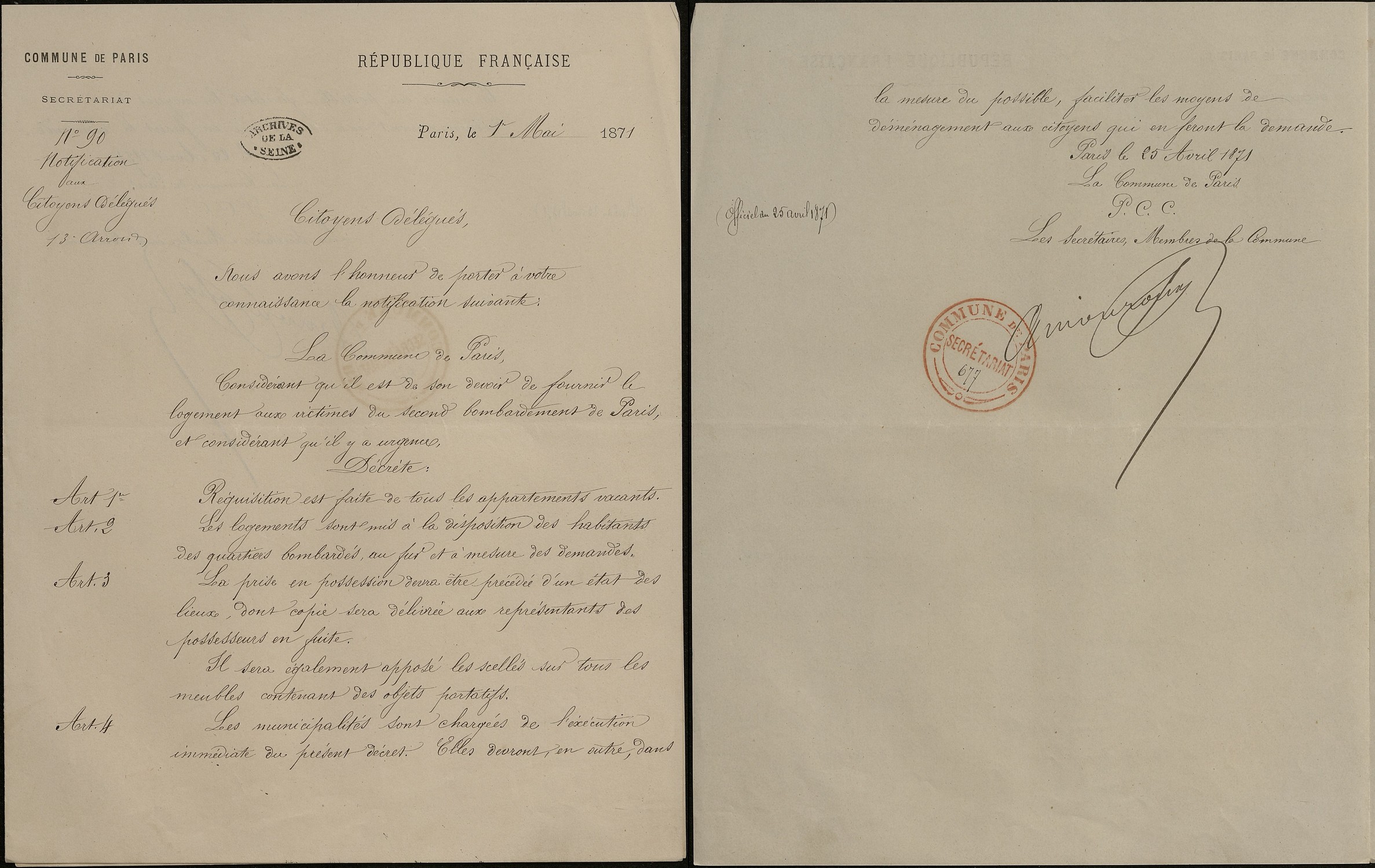 Notification aux délégués communaux du 13e arrondissement du décret sur la réquisition des logements, 1er mai 1871. Archives de Paris, VD3 14.