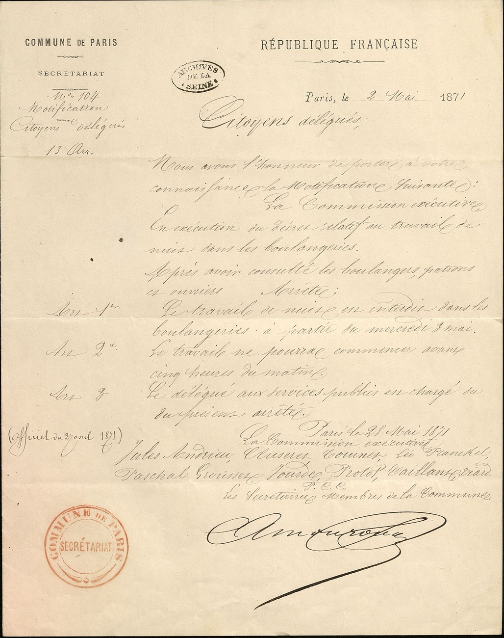 Notification aux mairies d'arrondissement du décret sur la suppression du travail de nuit des boulangers, 2 mai 1871. Archives de Paris, VD3 14.