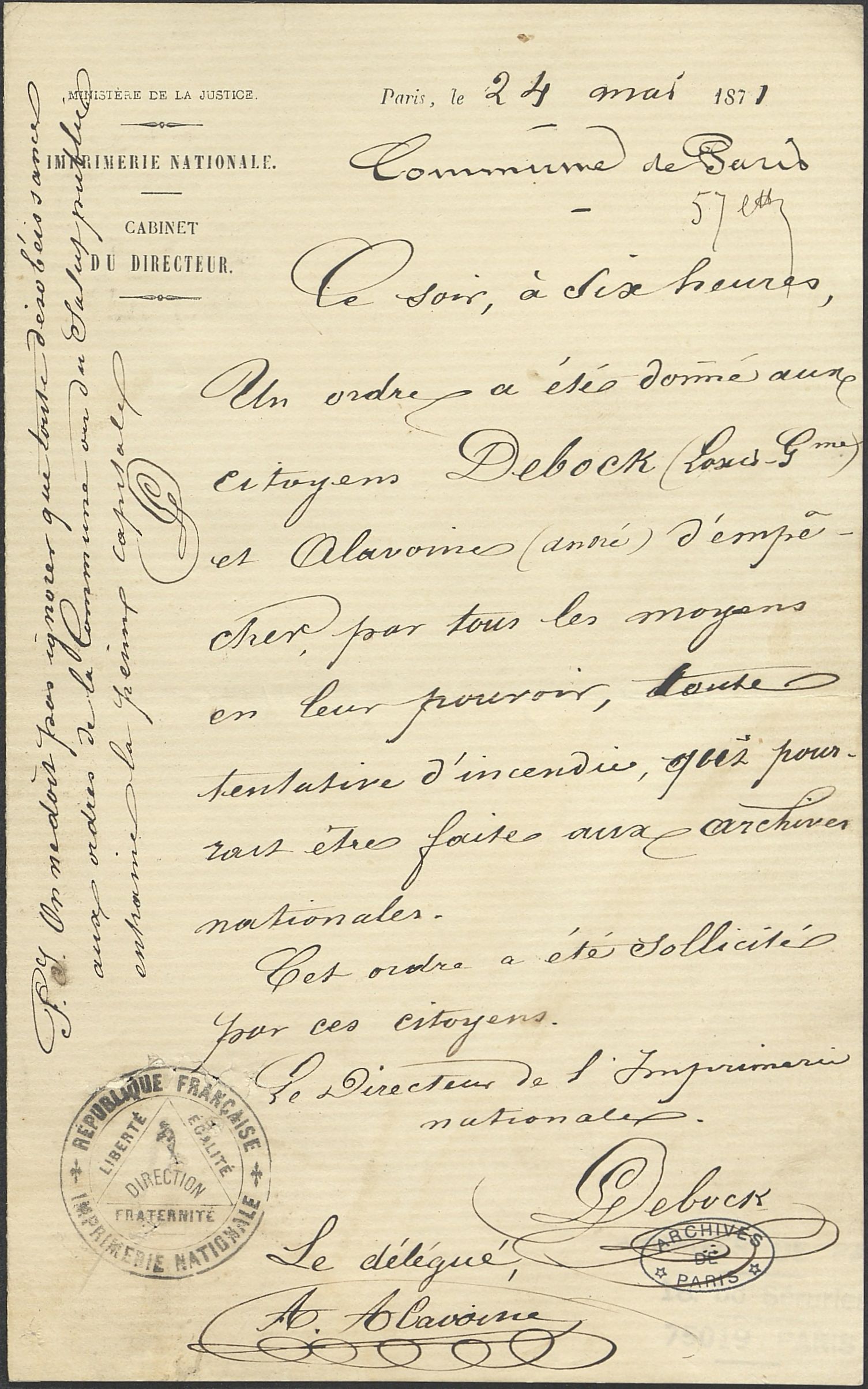 Ordre donné aux citoyens Debock, directeur de l’Imprimerie nationale, et Alavoine, délégué, d’empêcher par tous les moyens toute tentative d’incendie aux Archives nationales. (Archives de Paris, D1J 12, dossier 250)