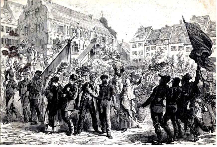 Ouvriers en grève sur la place de la réunion à Mulhouse (1870) (Collections du Musée Historique de la ville de Mulhouse)