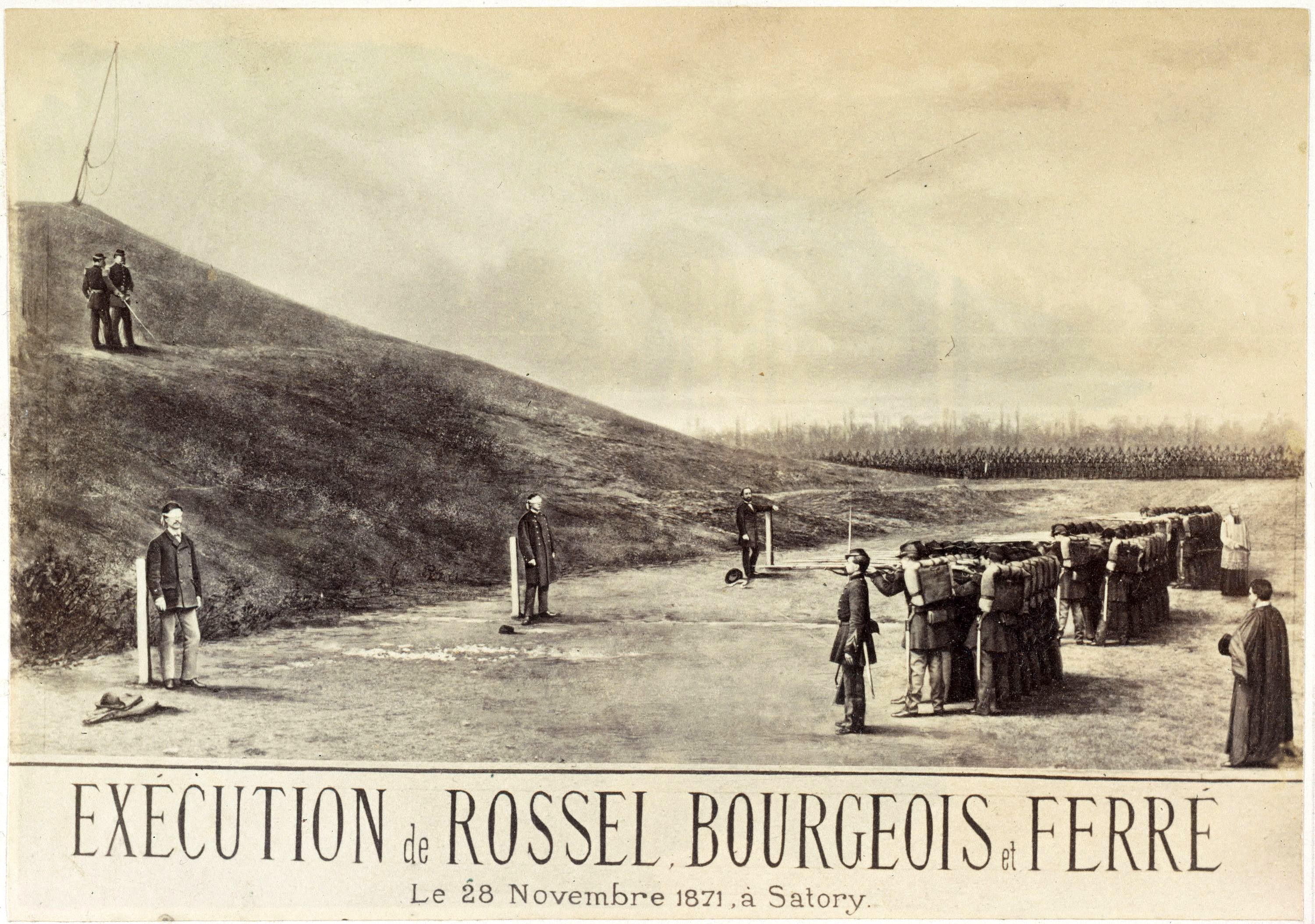Photomontage de l'exécution de Rossel, Bourgeois et Ferré, le 28 novembre 1871 à Satory (© Musée Carnavalet - Histoire de Paris)