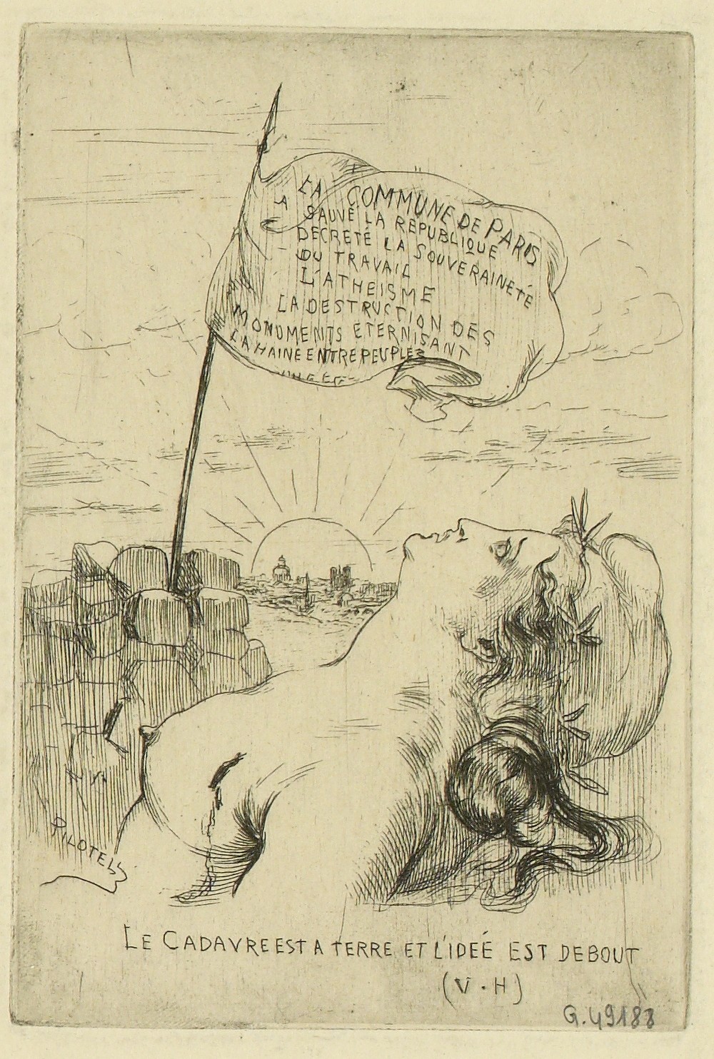 Gravure de Pilotell "Le cadavre est à terre mais l'idée est debout" - Vers 1871 (Source : CC0 Paris Musées / Musée Carnavalet - Histoire de Paris)
