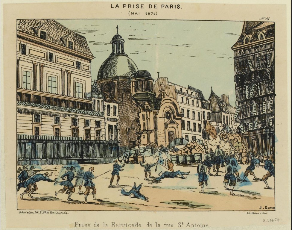 Prise de la barricade de la rue Saint-Antoine – Lithographie coloriée  (source : © Musée Carnavalet – Histoire de Paris)