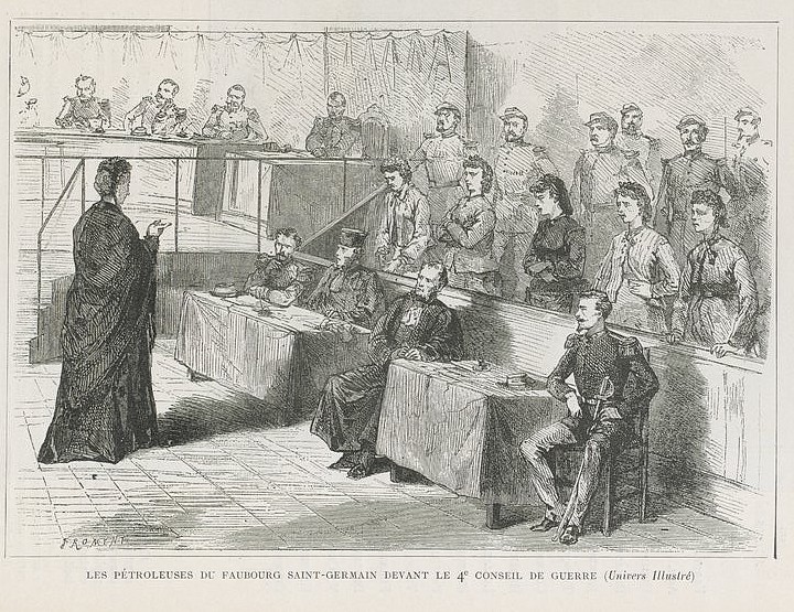 Le procè des "pétroleuses" -  Invasion, Le siège, la Commune. 1870-1871, Armand Dayot - Gravure parue dans l'Univers Illustré (Source Gallica-BNF)